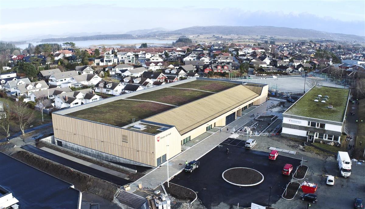 Dronebilde av Bryne storhall - Klikk for stort bilete