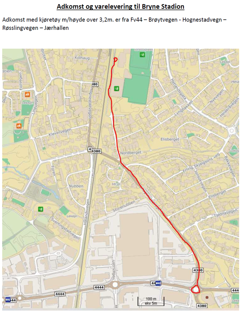 Kart over omkøyring til Bryne stadion, køyretøy over 3,2 m høgde - Klikk for stort bilete