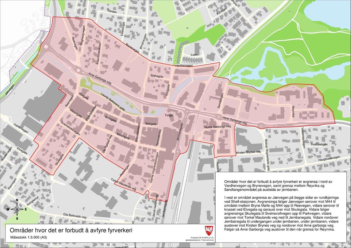 Kart over område med fyrverkeriforbod på Bryne - Klikk for stort bilete