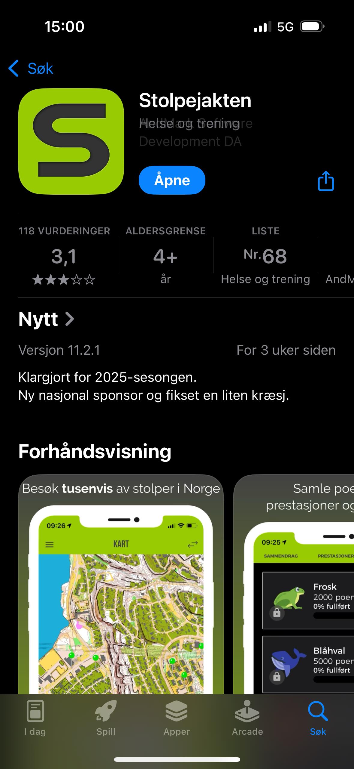Skjermbilete som viser korleis Stolpejakten-appen ser ut i App Store. - Klikk for stort bilete